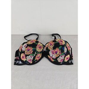 Victoria's Secret PINK Push Up Bra 36DD Black Neon Floral Lace Logo Band Undrwir